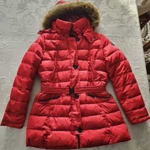 Vince Camuto Women's Belted Puffer Jacket with Faux Fur Removable Hood